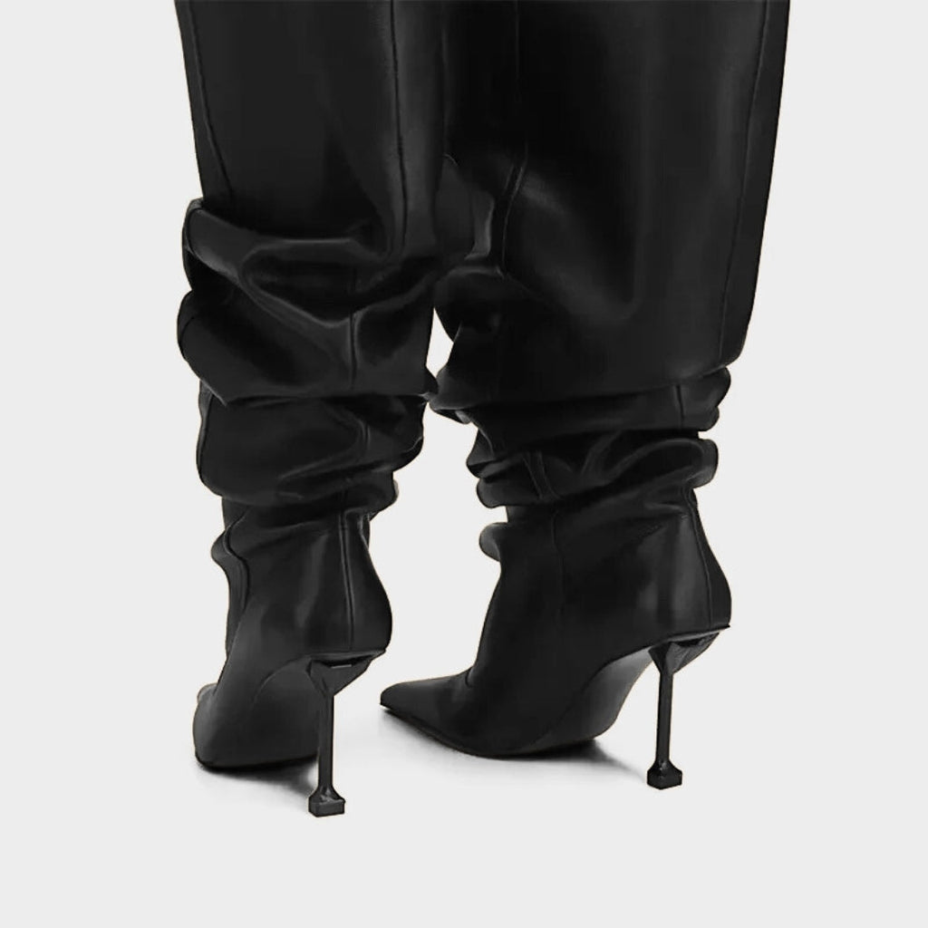 Wrinkled Patent Slouch Knee-High Stiletto Boots with Pointed Toe