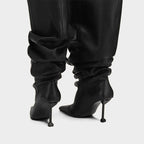 Wrinkled Patent Slouch Knee-High Stiletto Boots with Pointed Toe