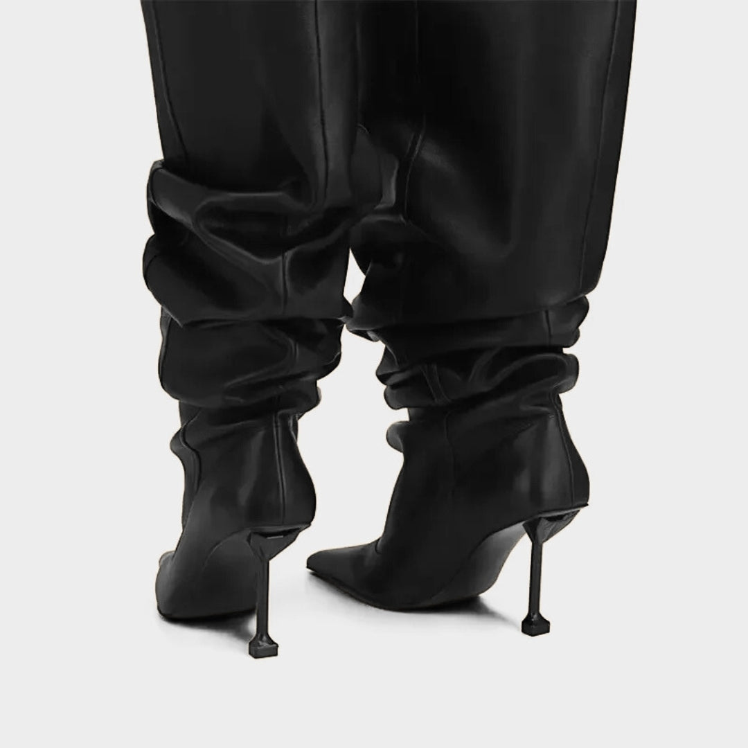 Wrinkled Patent Slouch Knee-High Stiletto Boots with Pointed Toe