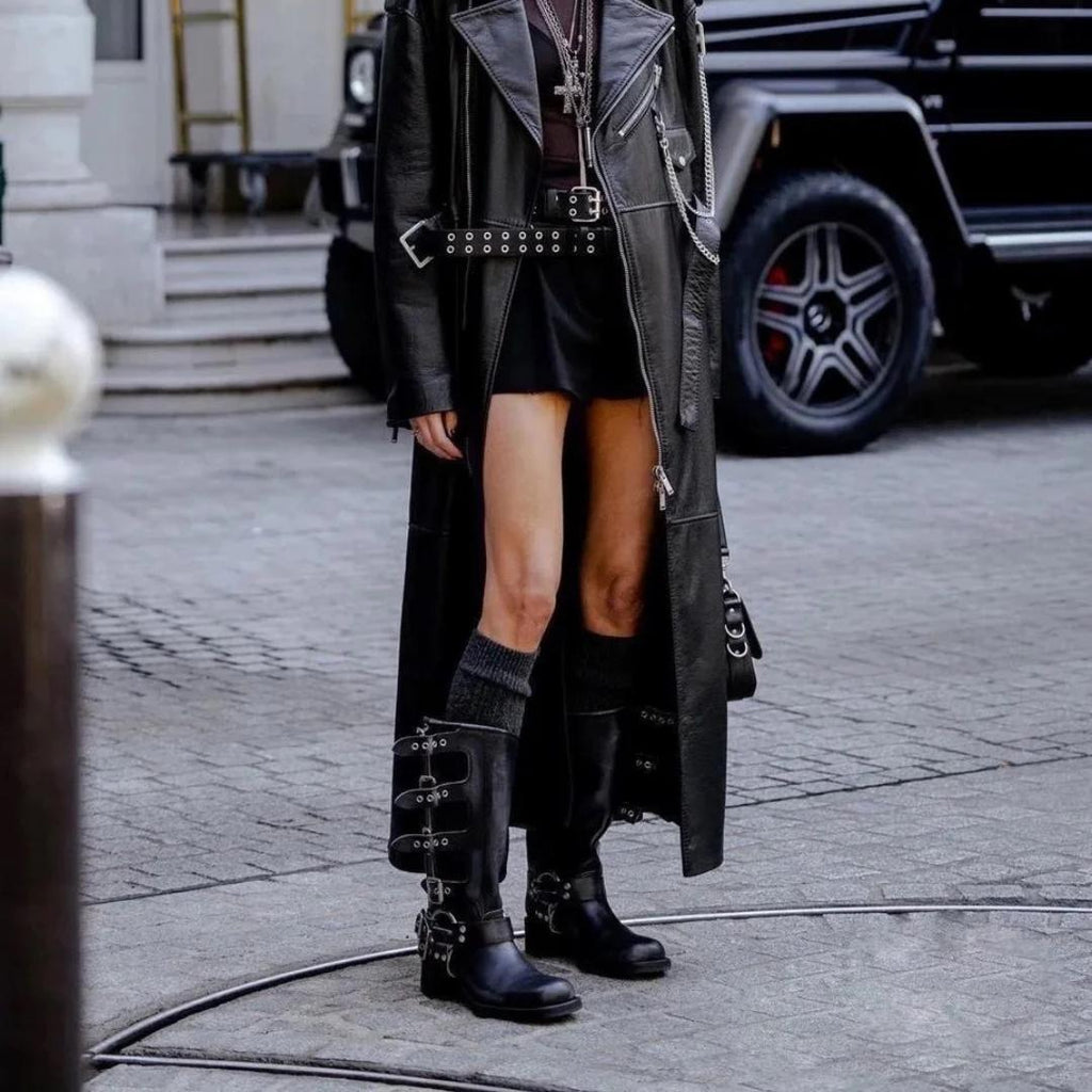 Leather Mid-Calf Buckle Harness Boots with Block Heel