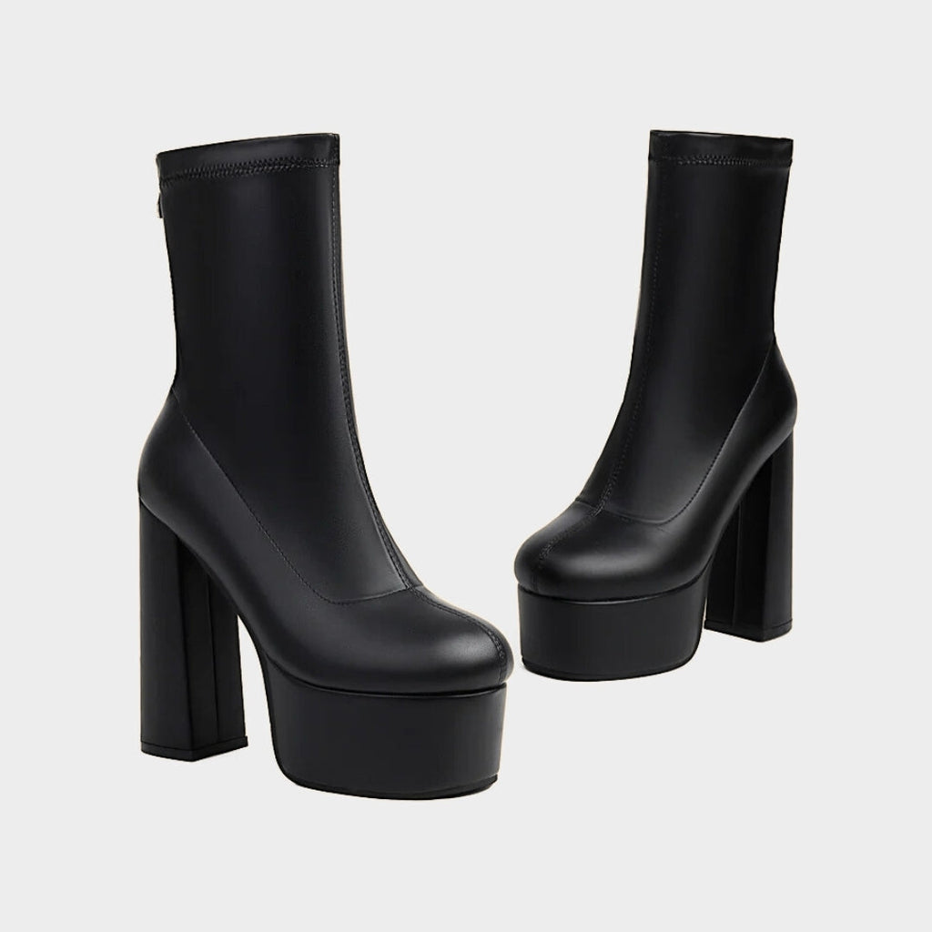 Platform Ankle Sock Boots With High Block Heel