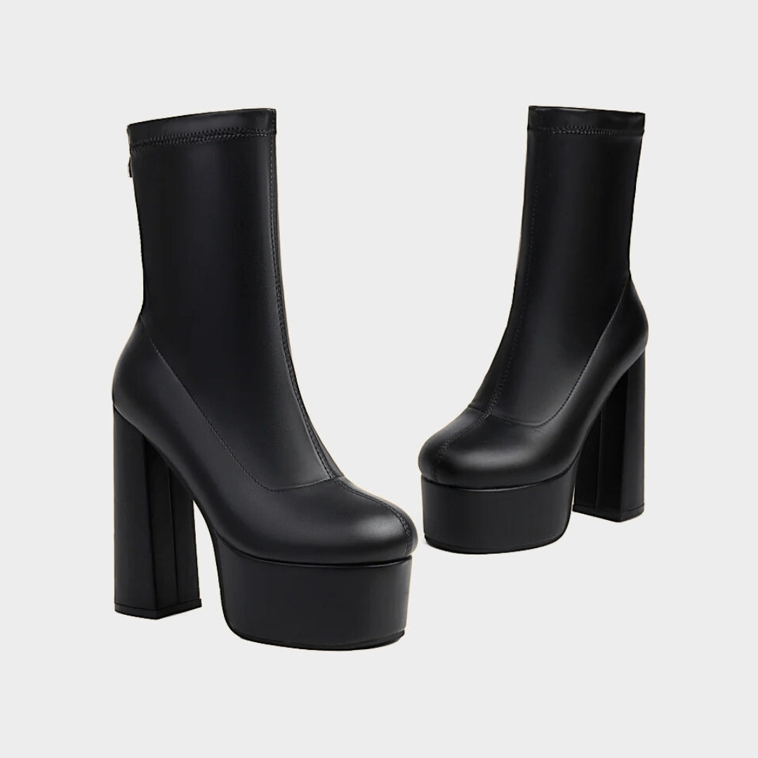 Platform Ankle Sock Boots With High Block Heel
