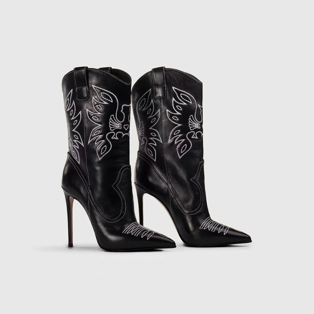 X (this is 2 diff products, long versions and short) Sexy Embroidered Denim Mid-Calf Boots with 12cm Heel
