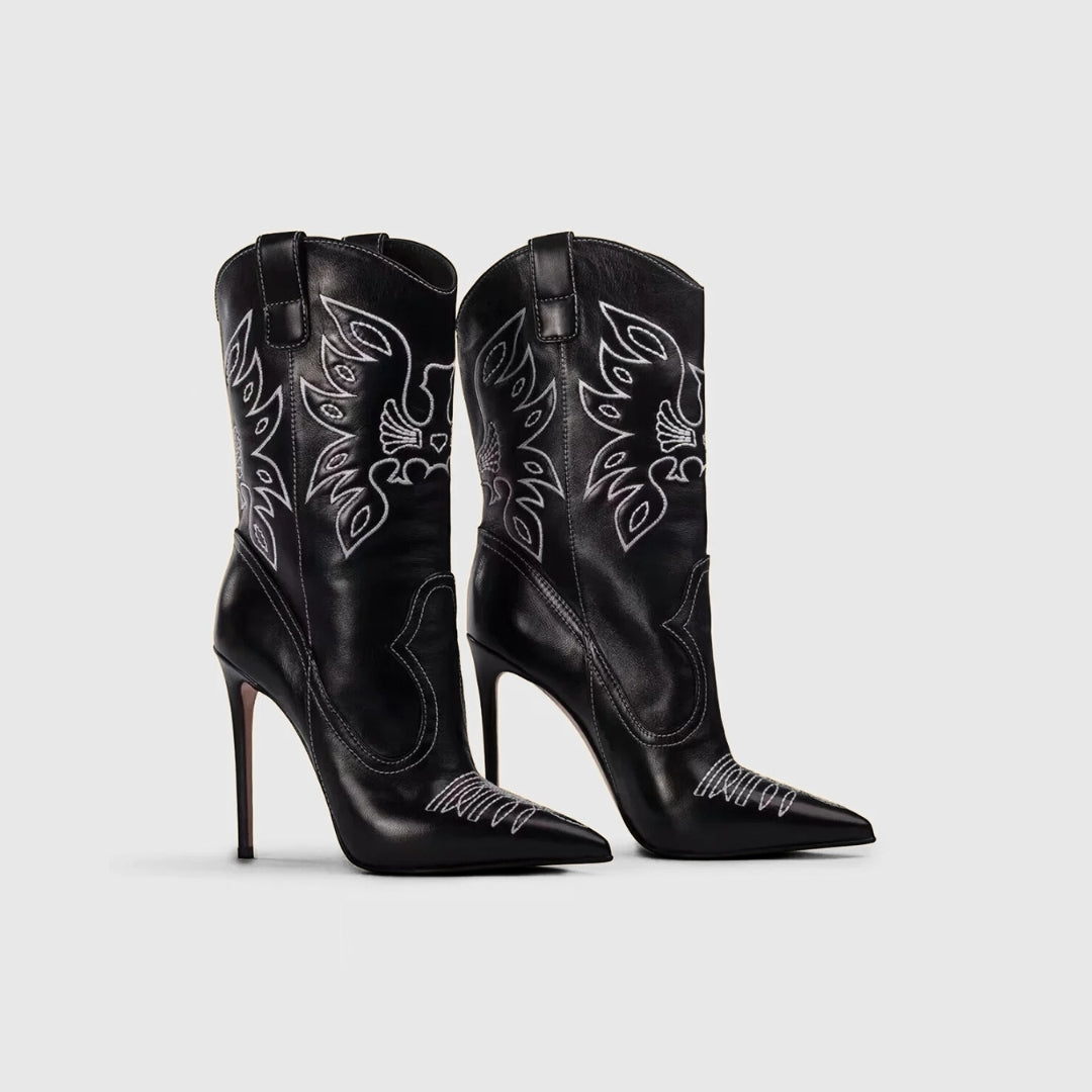 X (this is 2 diff products, long versions and short) Sexy Embroidered Denim Mid-Calf Boots with 12cm Heel