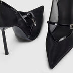 Black Mesh Mary Jane Stiletto Pumps with Rhinestone Buckle Strap