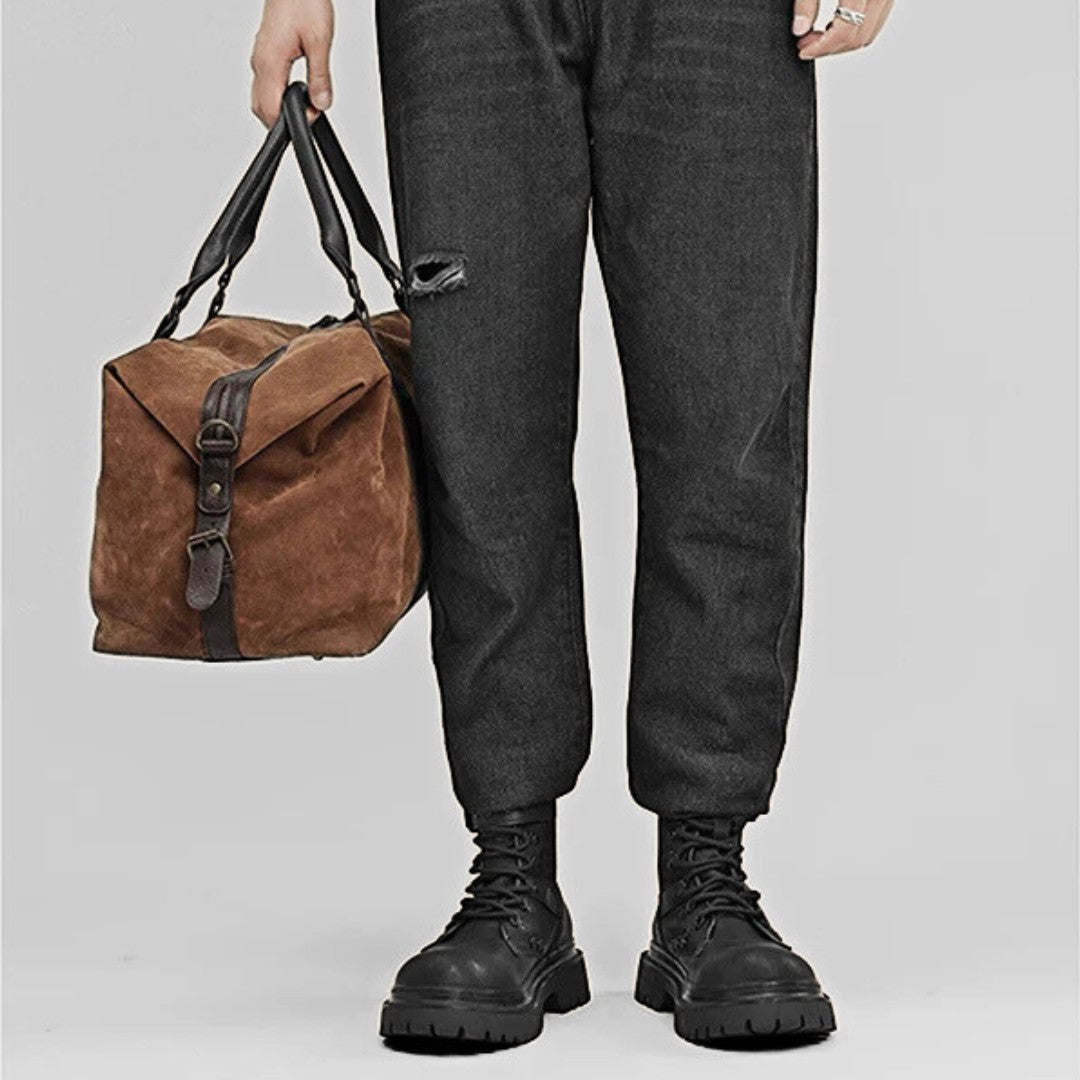 Black Leather Zip Lace Combat Ankle Boots with Chunky Sole and Buckle Detail