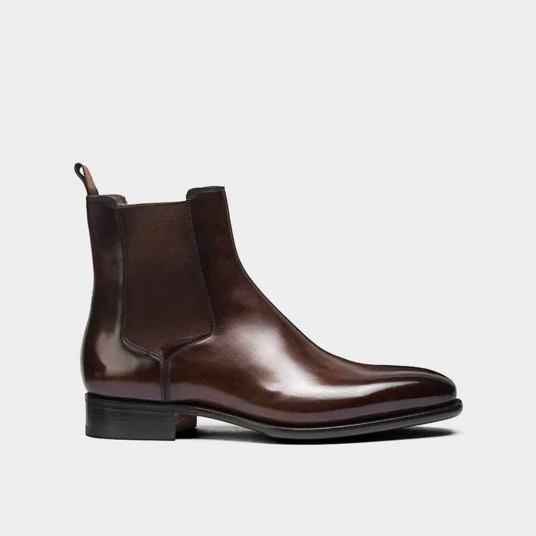 Brown Polished Leather Chelsea Ankle Boots with Almond Toe