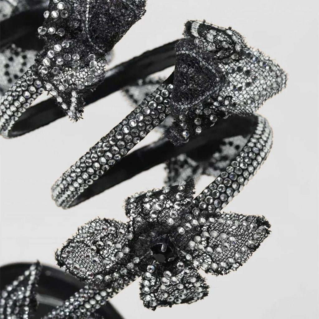 Black Lace Mesh Stiletto Pumps with Rhinestone Snake Coil and Floral Detailing