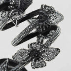 Black Lace Mesh Stiletto Pumps with Rhinestone Snake Coil and Floral Detailing