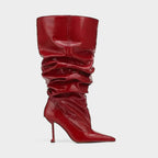 Wrinkled Patent Slouch Knee-High Stiletto Boots with Pointed Toe