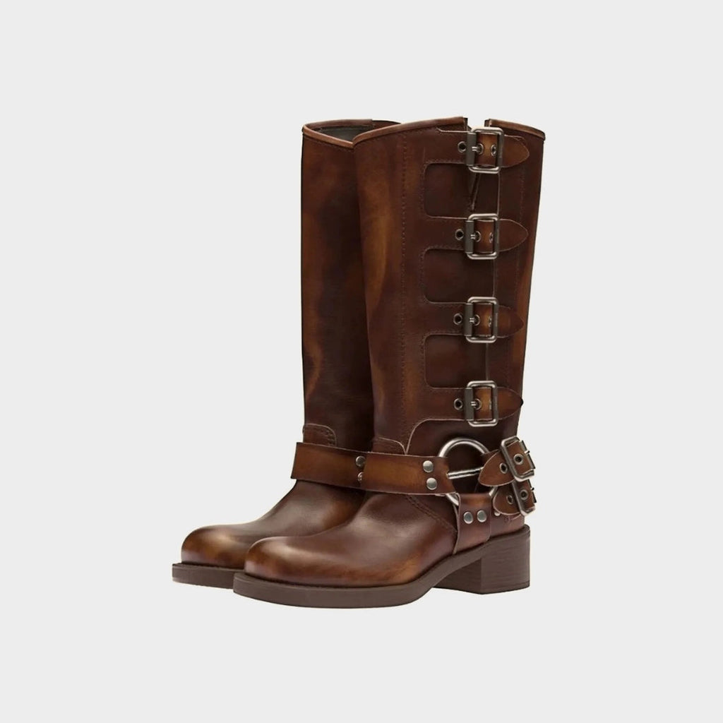 Leather Mid-Calf Buckle Harness Boots with Block Heel