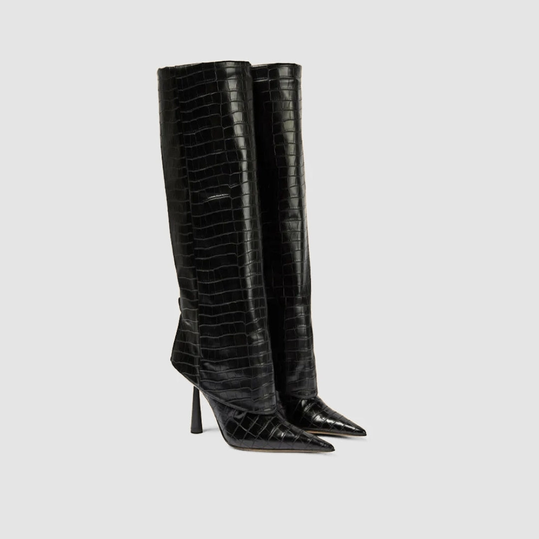 Wide-Fit Knee-High Leather Fold-Over Stilleto Boots with Pointed Toe