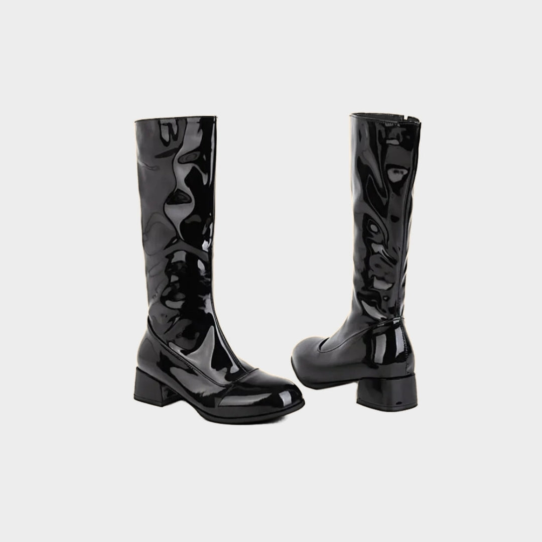Glossy Patent Mid-Calf Boots with Block Heel