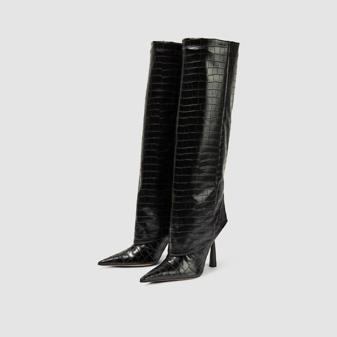 Wide-Fit Knee-High Leather Fold-Over Stilleto Boots with Pointed Toe