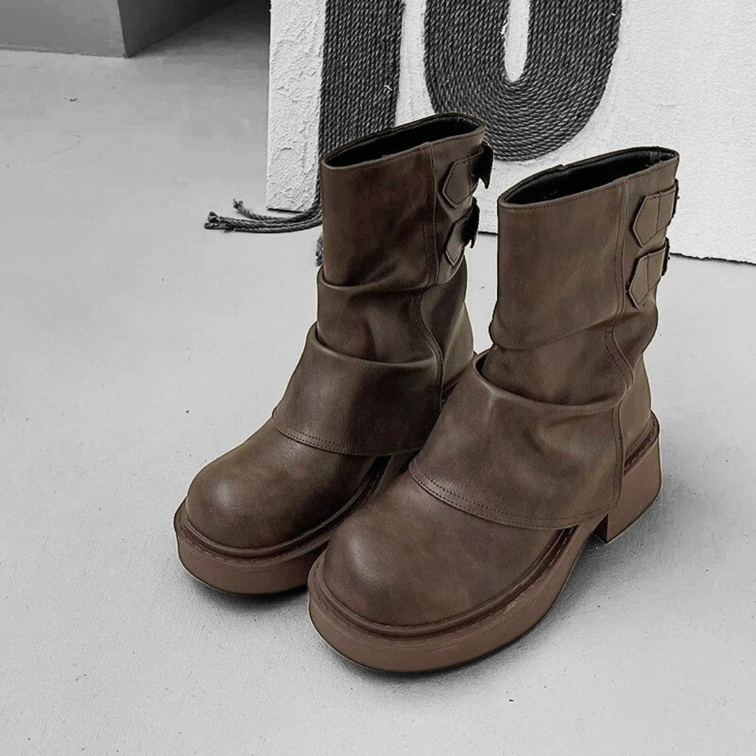Fold-Over Platform Leather Ankle Boots with Buckle Straps and Block Heel