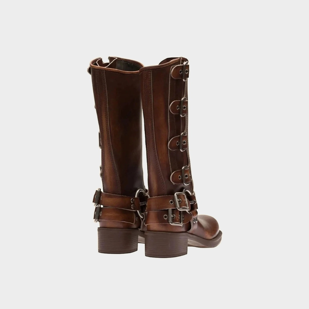Leather Mid-Calf Buckle Harness Boots with Block Heel