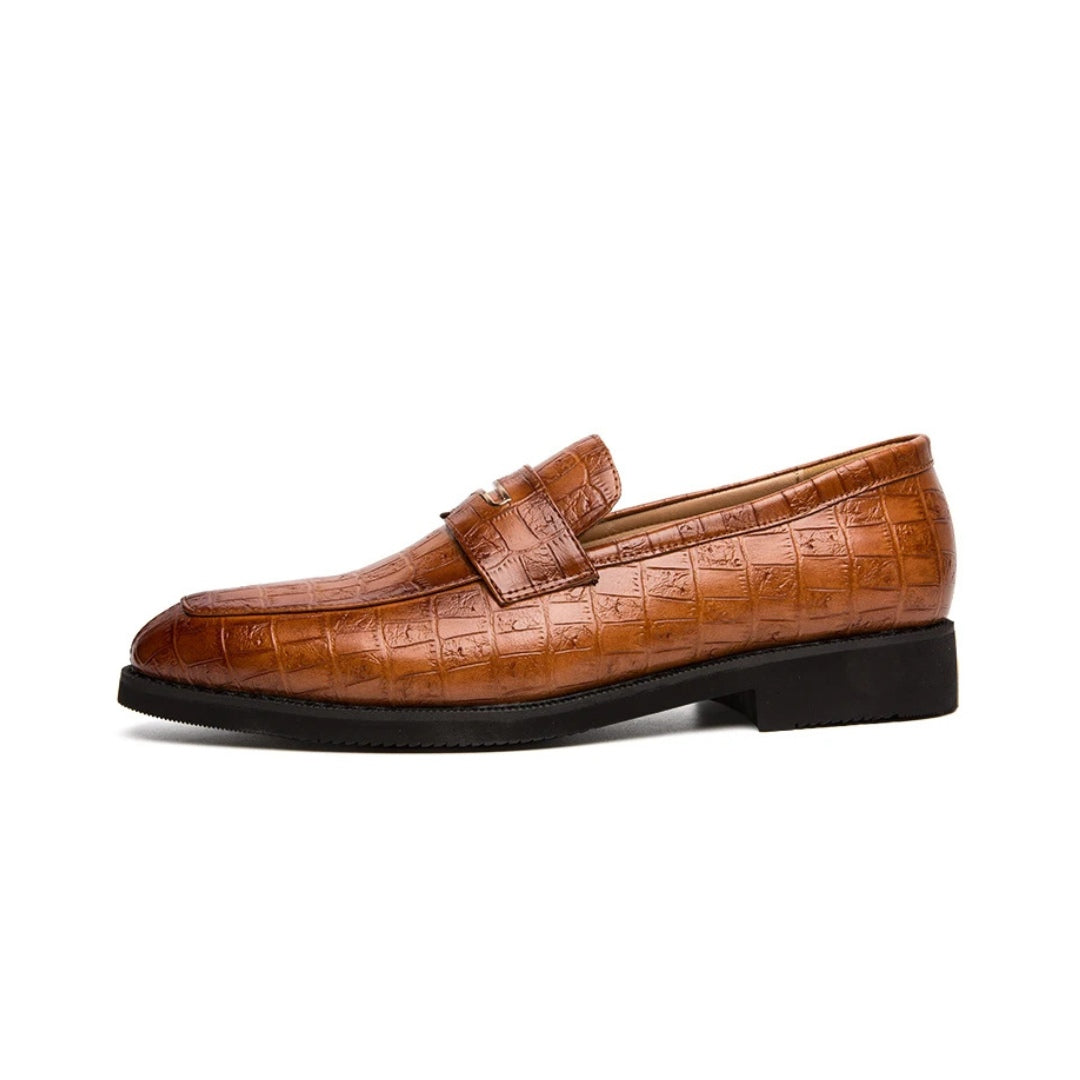 Crocodile-Embossed Leather Penny Loafers with Gold-Tone Strap Detail