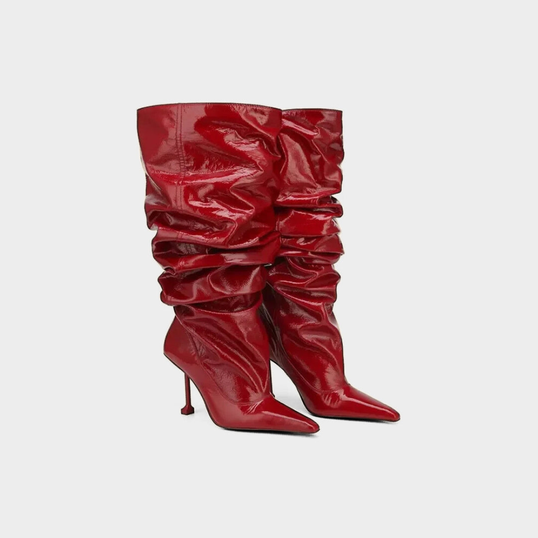 Wrinkled Patent Slouch Knee-High Stiletto Boots with Pointed Toe