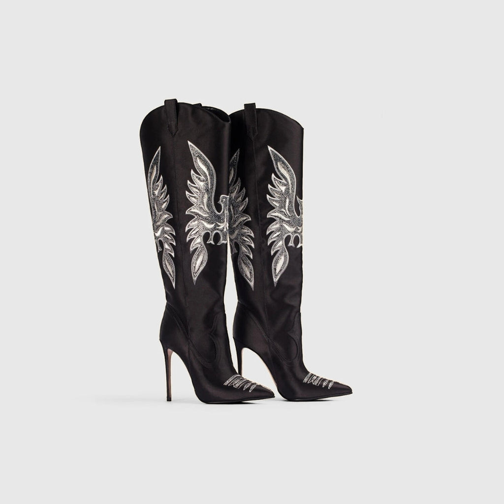 X (this is 2 diff products, long versions and short) Sexy Embroidered Denim Mid-Calf Boots with 12cm Heel