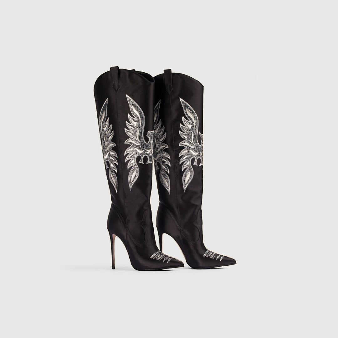 X (this is 2 diff products, long versions and short) Sexy Embroidered Denim Mid-Calf Boots with 12cm Heel