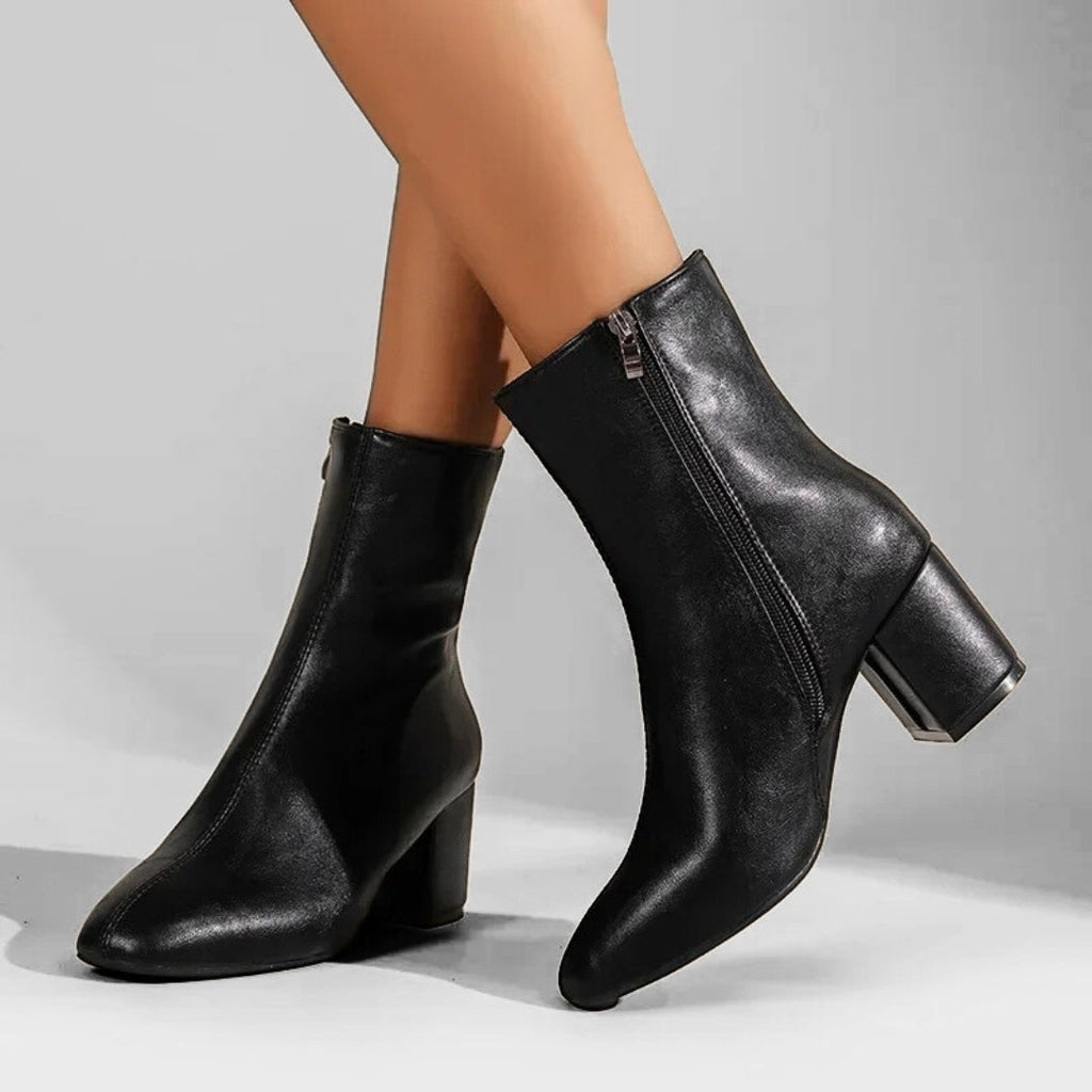 Minimalist Polished Ankle Boots with High Block Heel and Pointed Toe