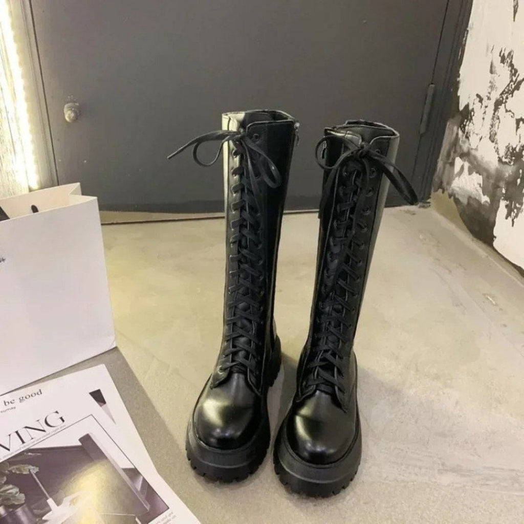 Platform Mid-Calf Chelsea Boots with Square Heel Black