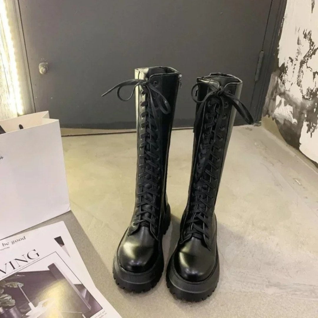 Platform Mid-Calf Chelsea Boots with Square Heel Black