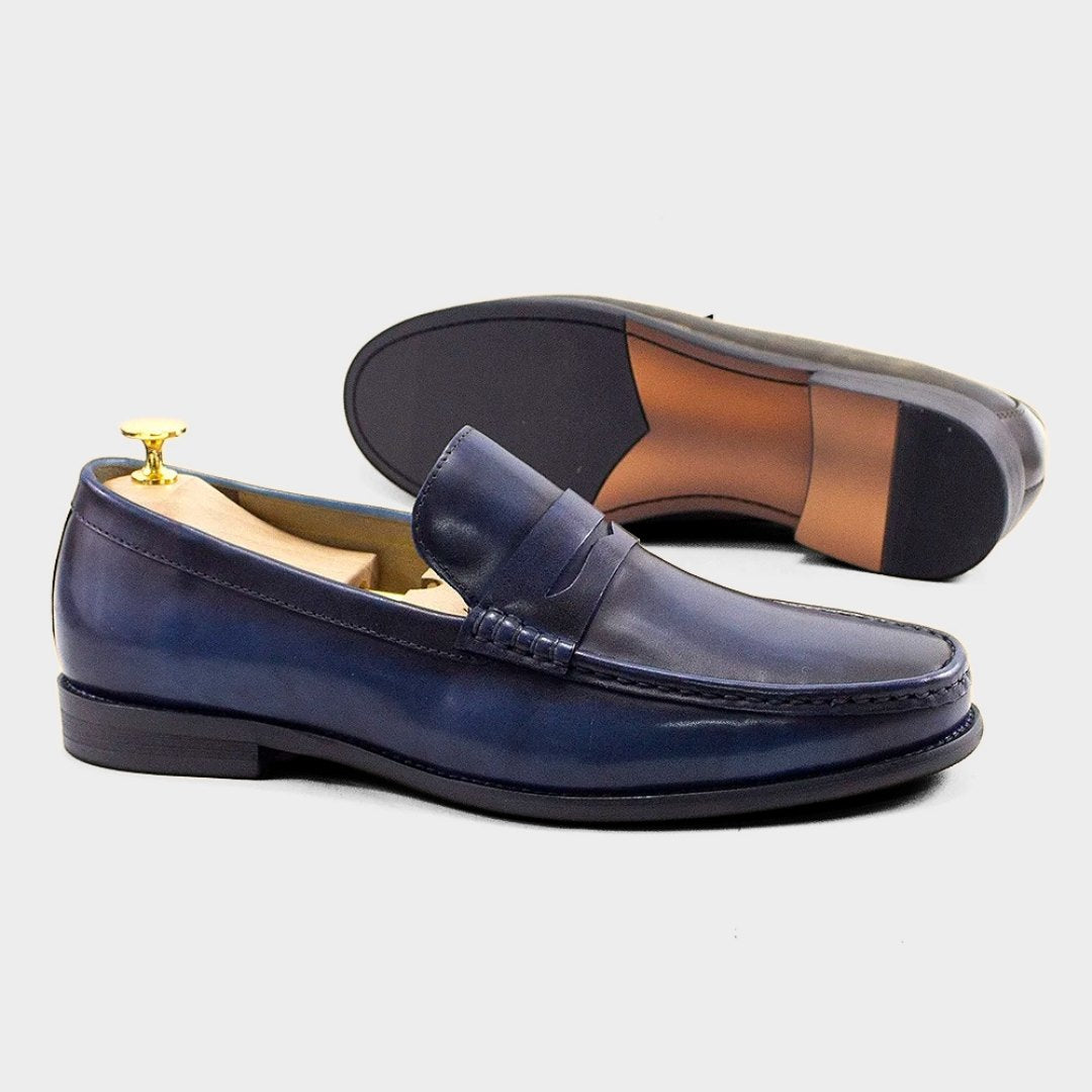 Dark-Blue Smooth Leather Formal Penny Moccasin Loafers with Low Stacked Heel