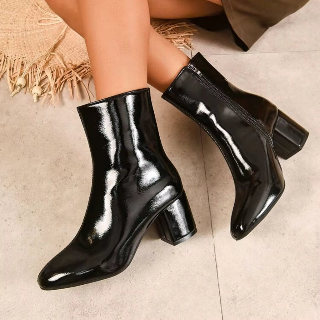 Minimalist Polished Ankle Boots with High Block Heel and Pointed Toe