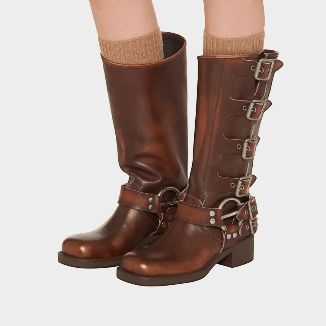 Leather Mid-Calf Buckle Harness Boots with Block Heel