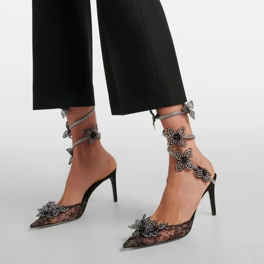 Black Lace Mesh Stiletto Pumps with Rhinestone Snake Coil and Floral Detailing