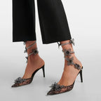 Black Lace Mesh Stiletto Pumps with Rhinestone Snake Coil and Floral Detailing