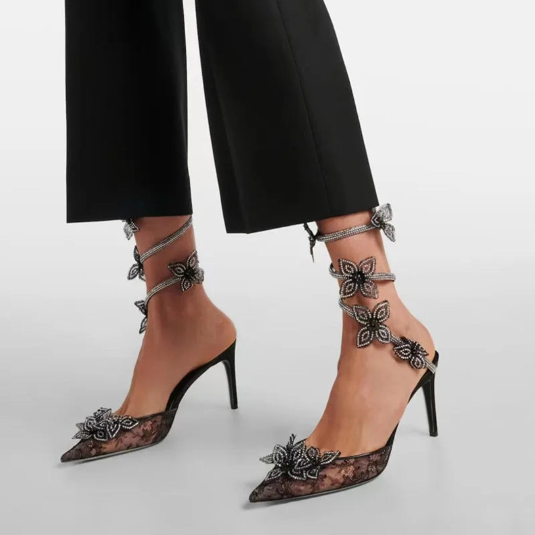 Black Lace Mesh Stiletto Pumps with Rhinestone Snake Coil and Floral Detailing