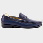 Dark-Blue Smooth Leather Formal Penny Moccasin Loafers with Low Stacked Heel