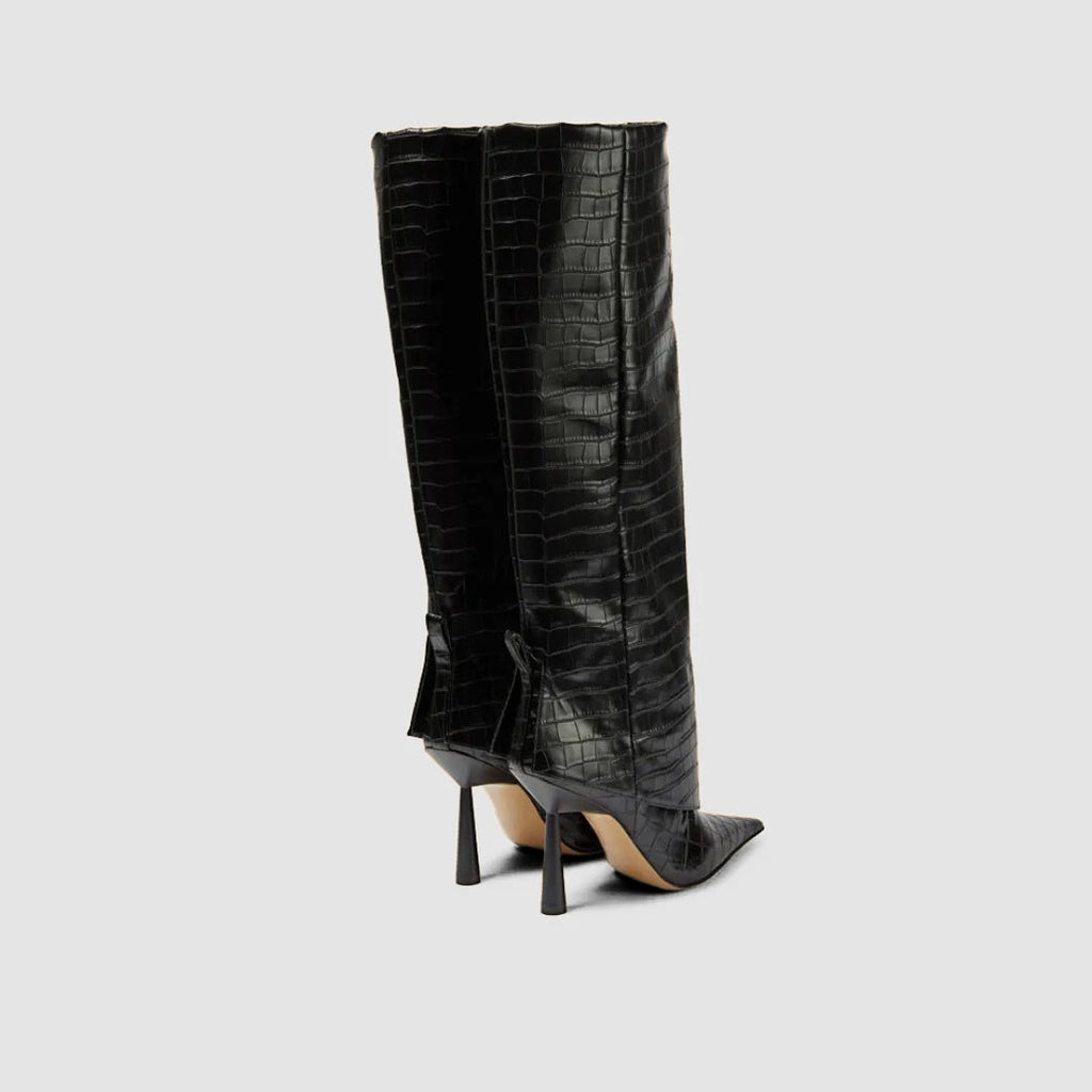 Wide-Fit Knee-High Leather Fold-Over Stilleto Boots with Pointed Toe
