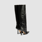 Wide-Fit Knee-High Leather Fold-Over Stilleto Boots with Pointed Toe