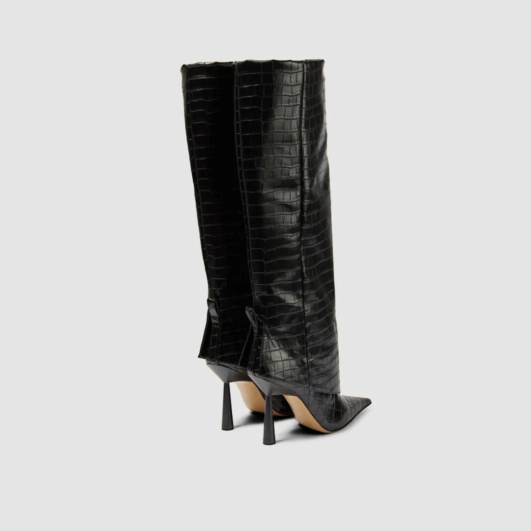 Wide-Fit Knee-High Leather Fold-Over Stilleto Boots with Pointed Toe