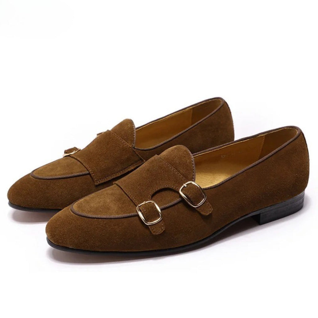 Suede Leather Formal Monk Strap Loafers with Low Stacked Block Heel