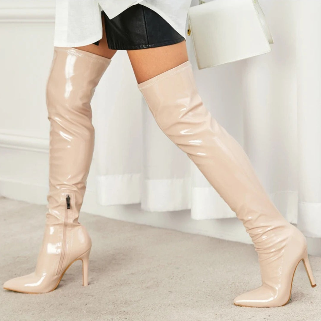 Patent Latex-Effect Finish Over-the-Knee Stiletto Boots with Pointed Toe