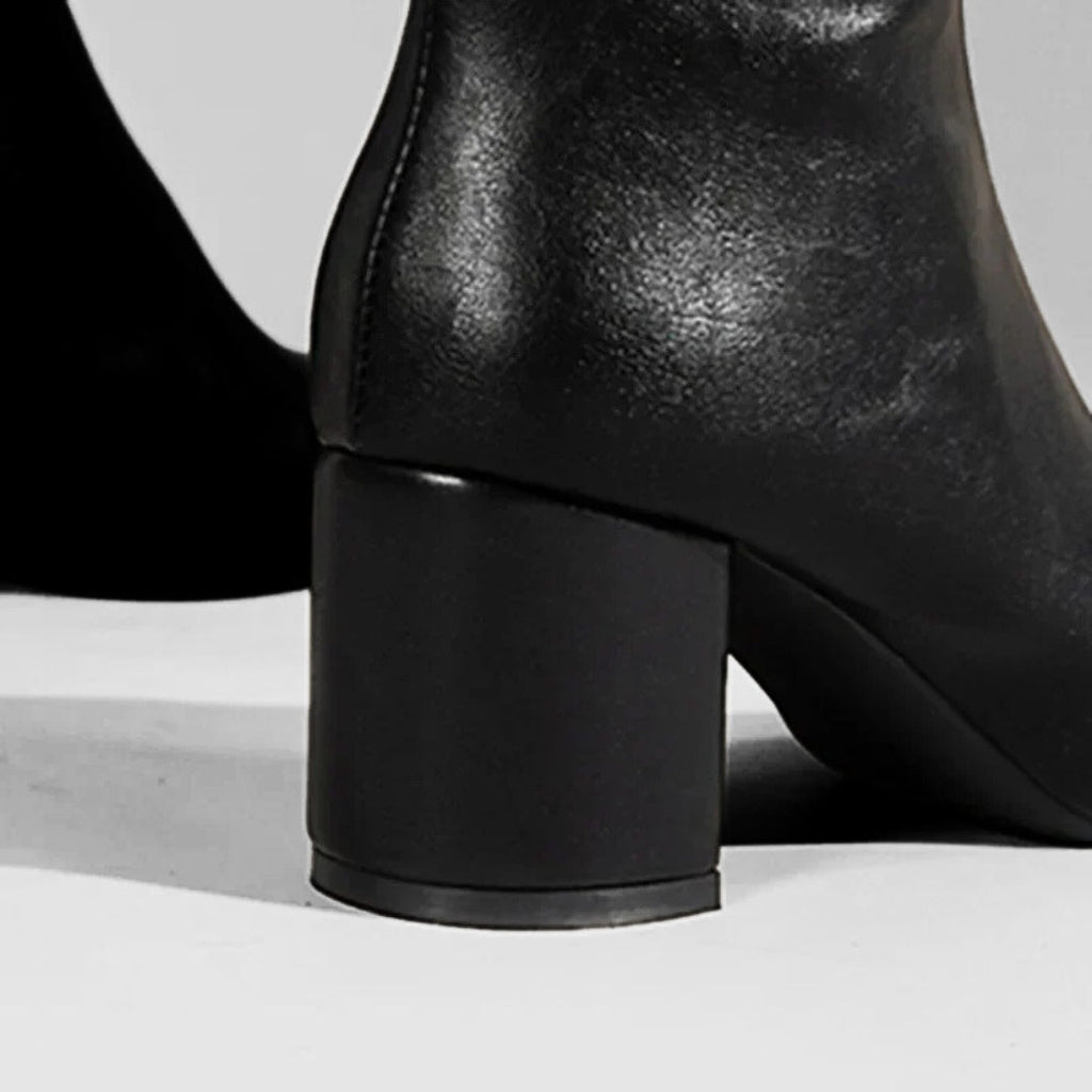 Minimalist Polished Ankle Boots with High Block Heel and Pointed Toe