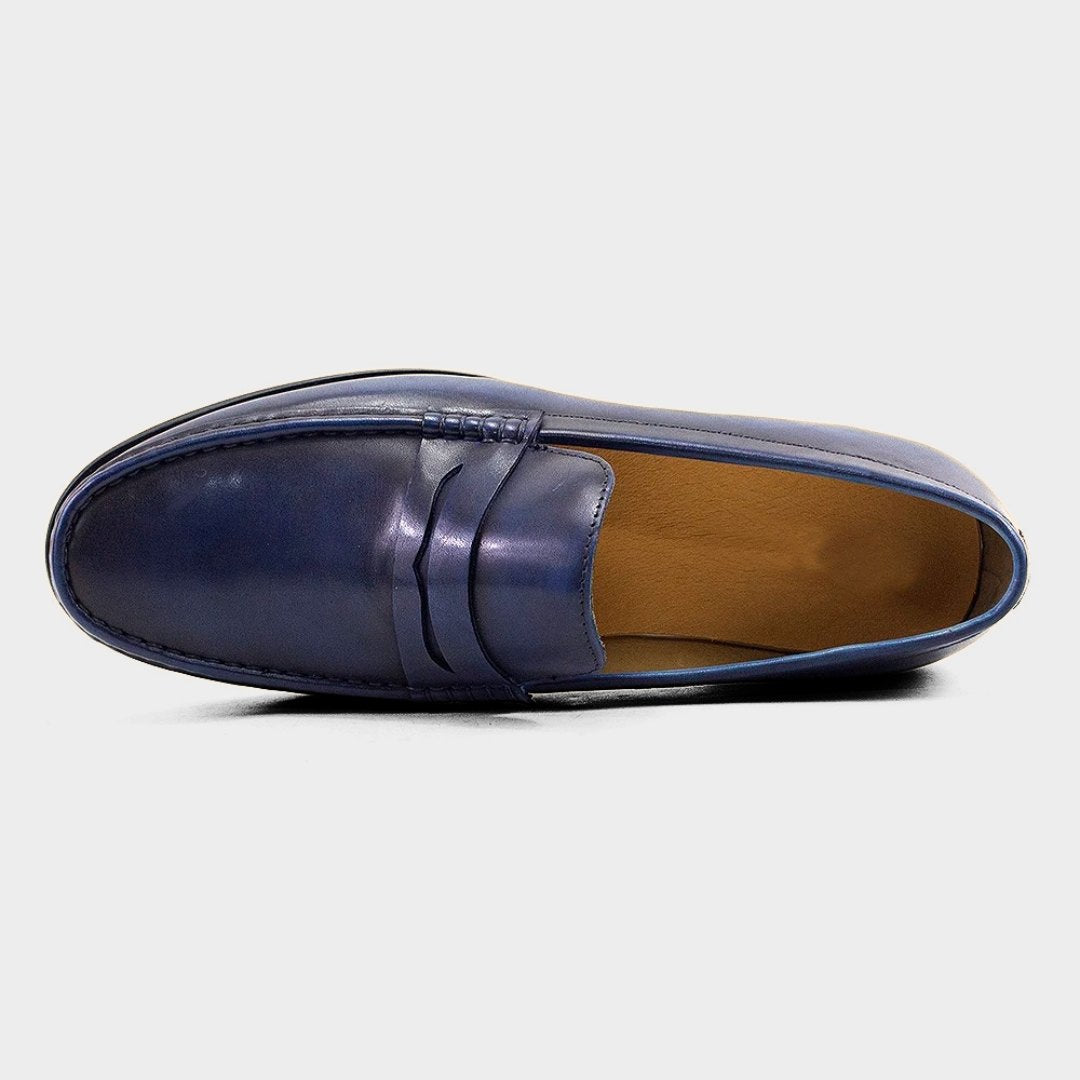 Dark-Blue Smooth Leather Formal Penny Moccasin Loafers with Low Stacked Heel