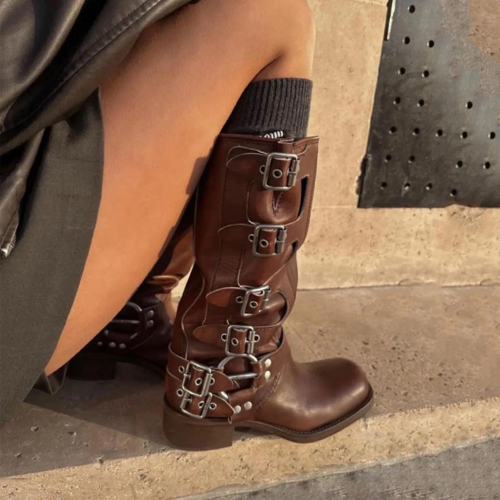 Leather Mid-Calf Buckle Harness Boots with Block Heel