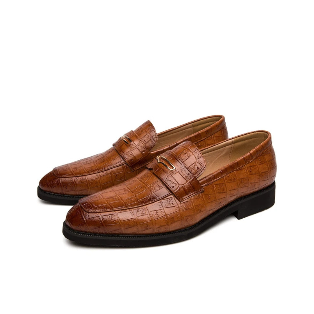 Crocodile-Embossed Leather Penny Loafers with Gold-Tone Strap Detail