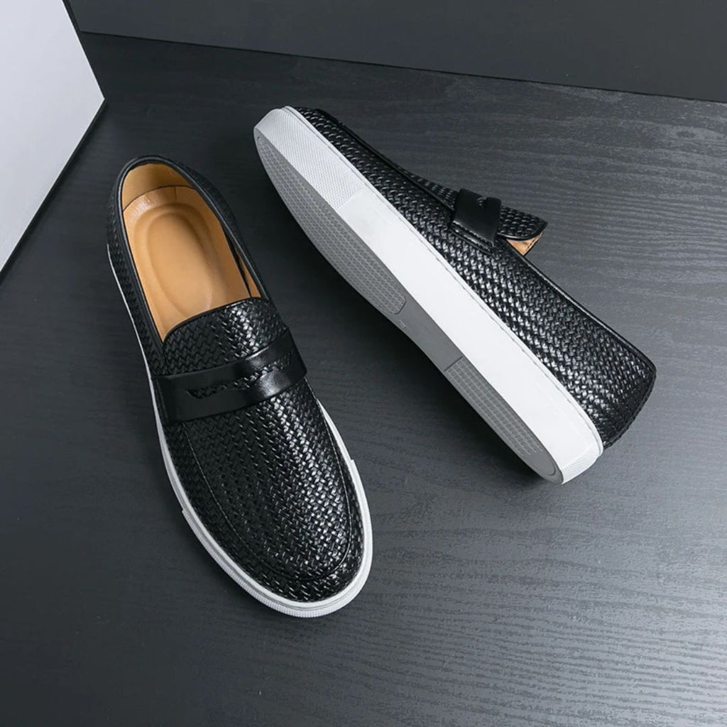 Leather Penny Loafer Style with Weave Knit Pattern