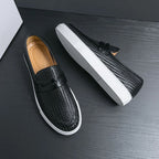 Leather Penny Loafer Style with Weave Knit Pattern