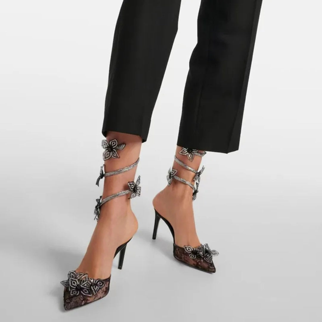 Black Lace Mesh Stiletto Pumps with Rhinestone Snake Coil and Floral Detailing