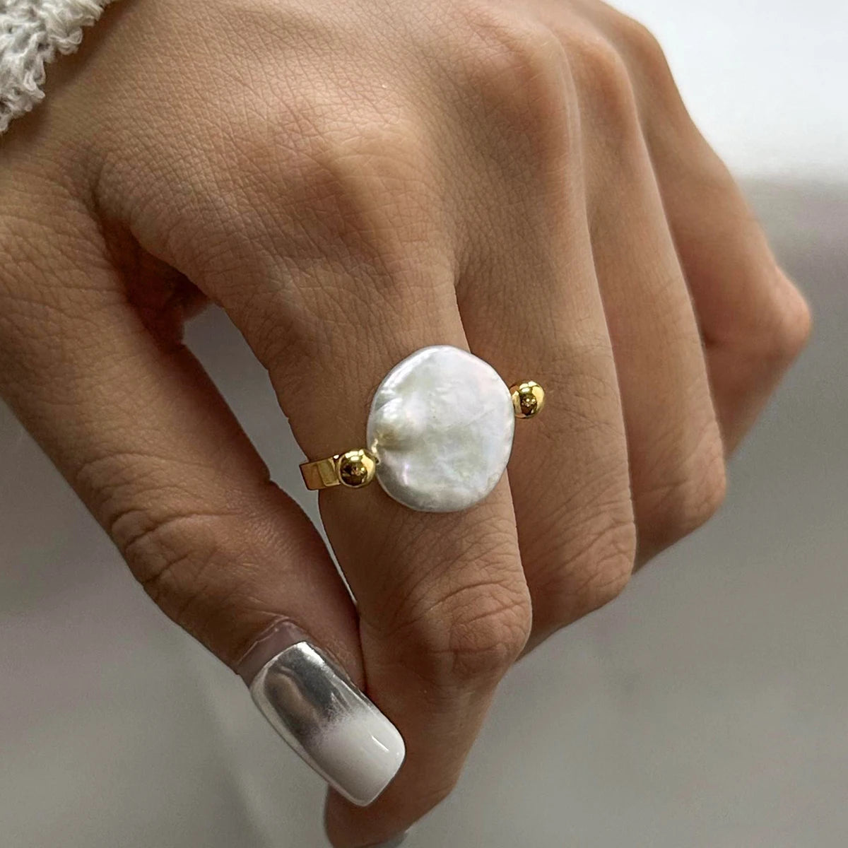 Open Band Coin Pearl Ring