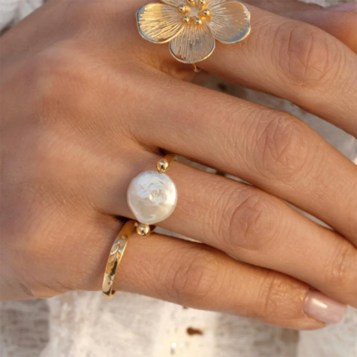 Open Band Coin Pearl Ring