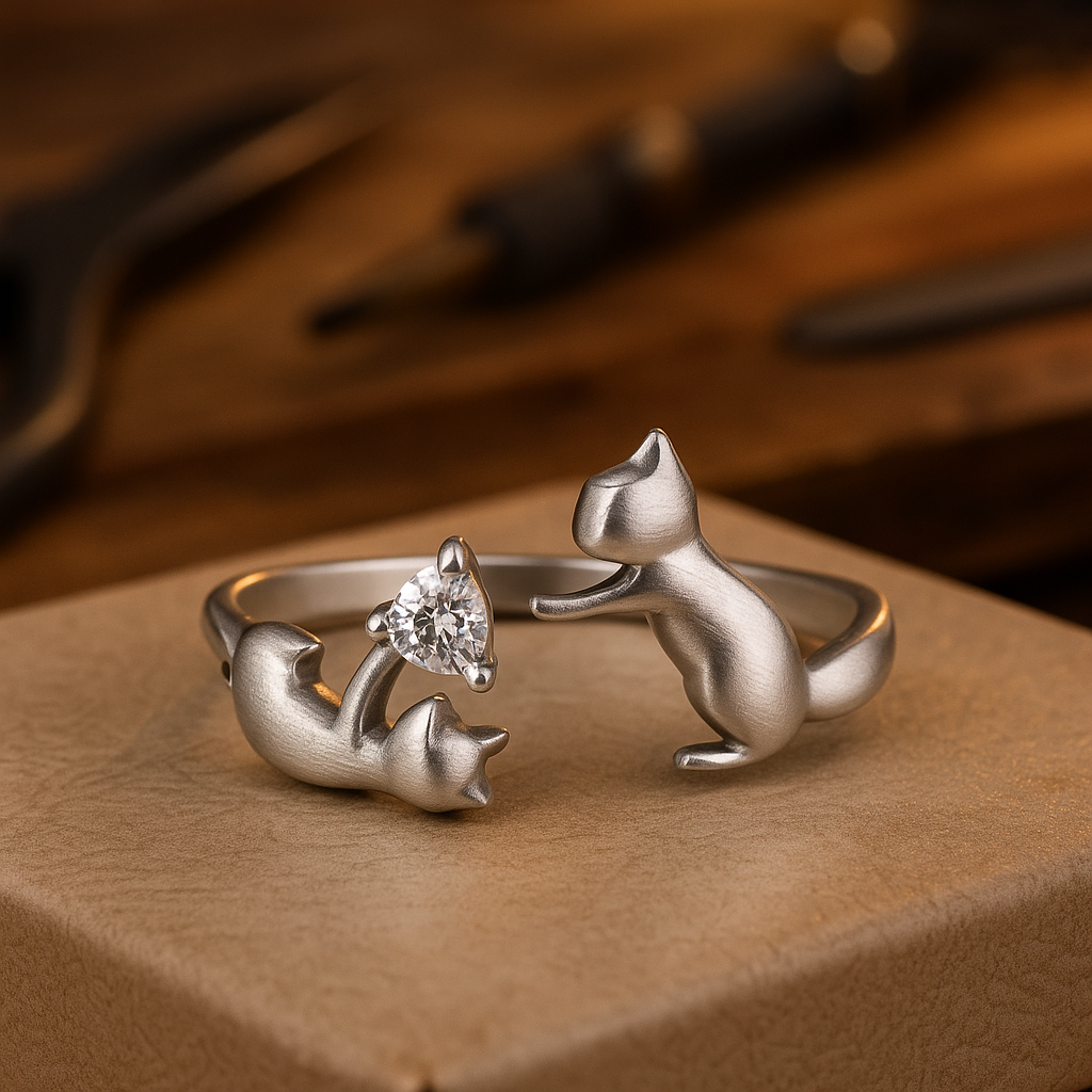 Playful Silver Cat Adjustable Ring with Zirconia