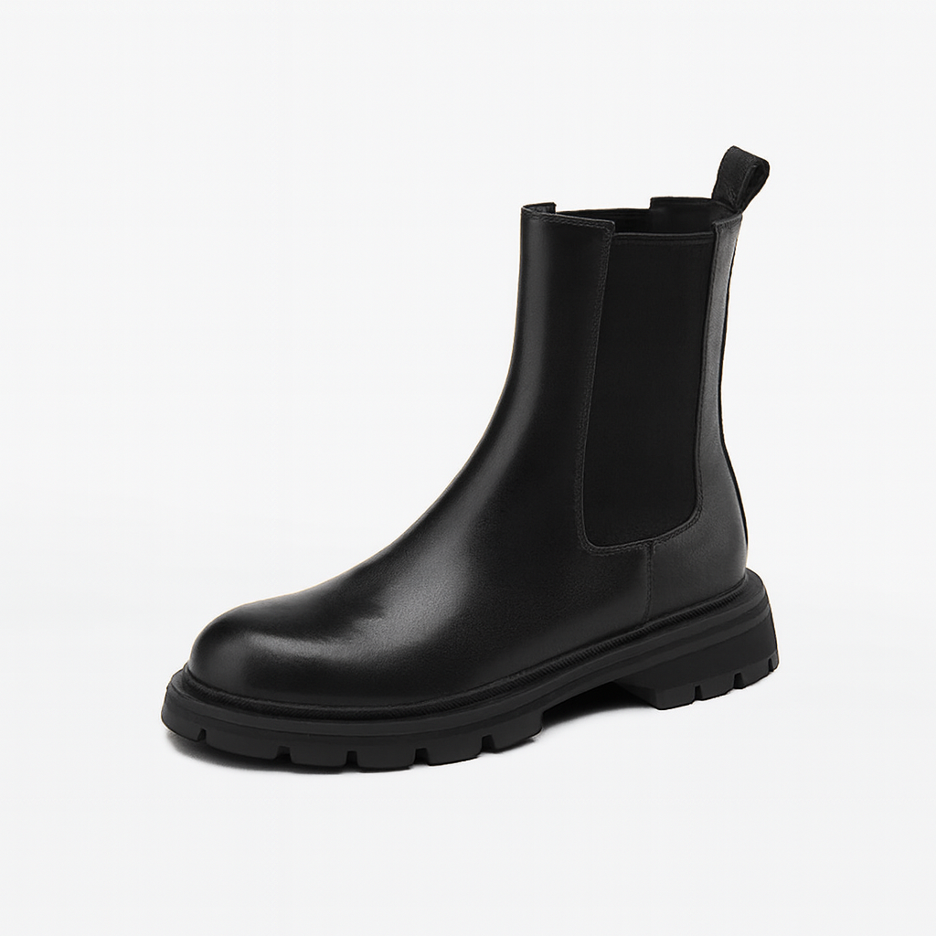 Leather Chelsea Rain Boots with Chunky Sole and Low Block Heel